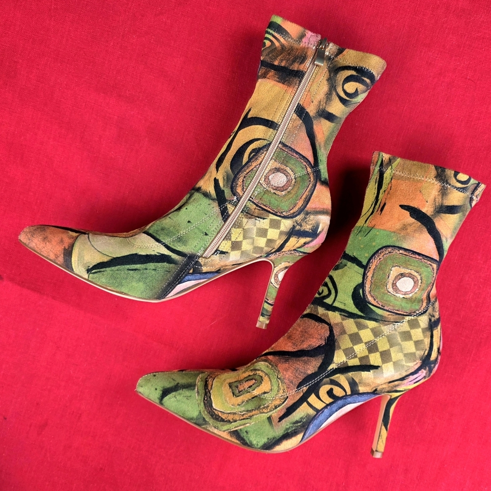 Vivianly Pointy Toe Stiletto Heels Printed Sock Ankle Booties - Picture 3 of 16